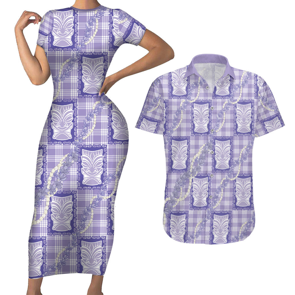 Aloha Hawaii Tiki Palaka Motifs Couples Matching Short Sleeve Bodycon Dress and Hawaiian Shirt Honohono Lei Purple Elegant Vibes