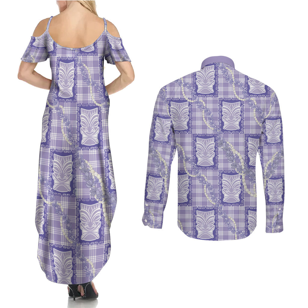 Aloha Hawaii Tiki Palaka Motifs Couples Matching Summer Maxi Dress and Long Sleeve Button Shirt Honohono Lei Purple Elegant Vibes LT14 - Polynesian Pride