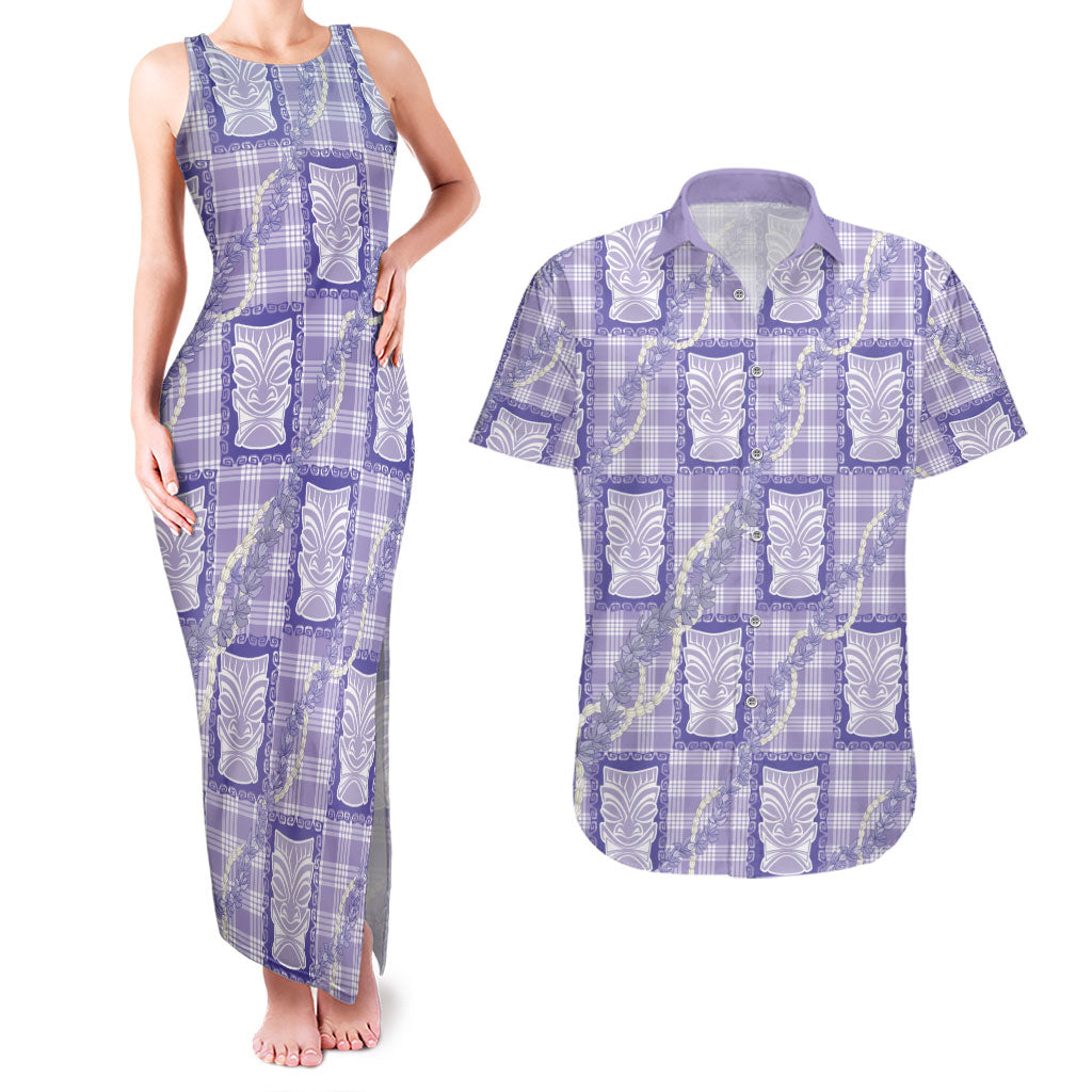 Aloha Hawaii Tiki Palaka Motifs Couples Matching Tank Maxi Dress and Hawaiian Shirt Honohono Lei Purple Elegant Vibes LT14 Purple - Polynesian Pride