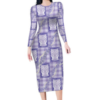 Aloha Hawaii Tiki Palaka Motifs Family Matching Long Sleeve Bodycon Dress and Hawaiian Shirt Honohono Lei Purple Elegant Vibes LT14 Mom's Dress Purple - Polynesian Pride