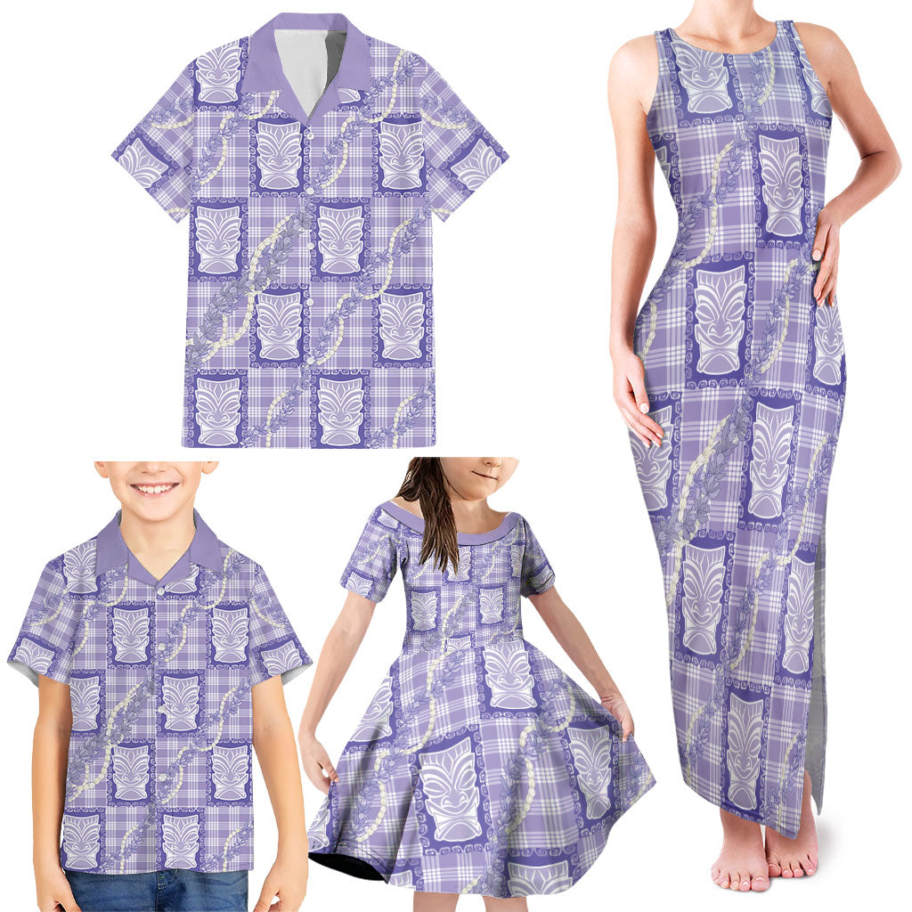 Aloha Hawaii Tiki Palaka Motifs Family Matching Tank Maxi Dress and Hawaiian Shirt Honohono Lei Purple Elegant Vibes