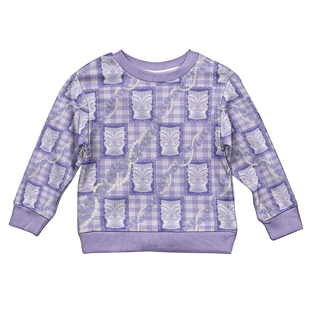 Aloha Hawaii Tiki Palaka Motifs Kid Ugly Christmas Sweater Honohono Lei Purple Elegant Vibes