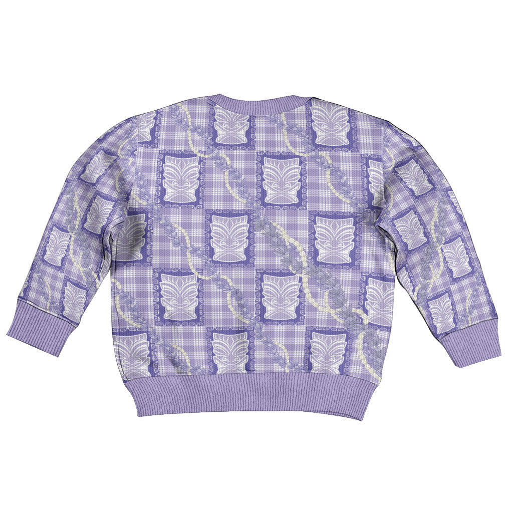 Aloha Hawaii Tiki Palaka Motifs Kid Ugly Christmas Sweater Honohono Lei Purple Elegant Vibes