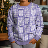 Aloha Hawaii Tiki Palaka Motifs Kid Ugly Christmas Sweater Honohono Lei Purple Elegant Vibes