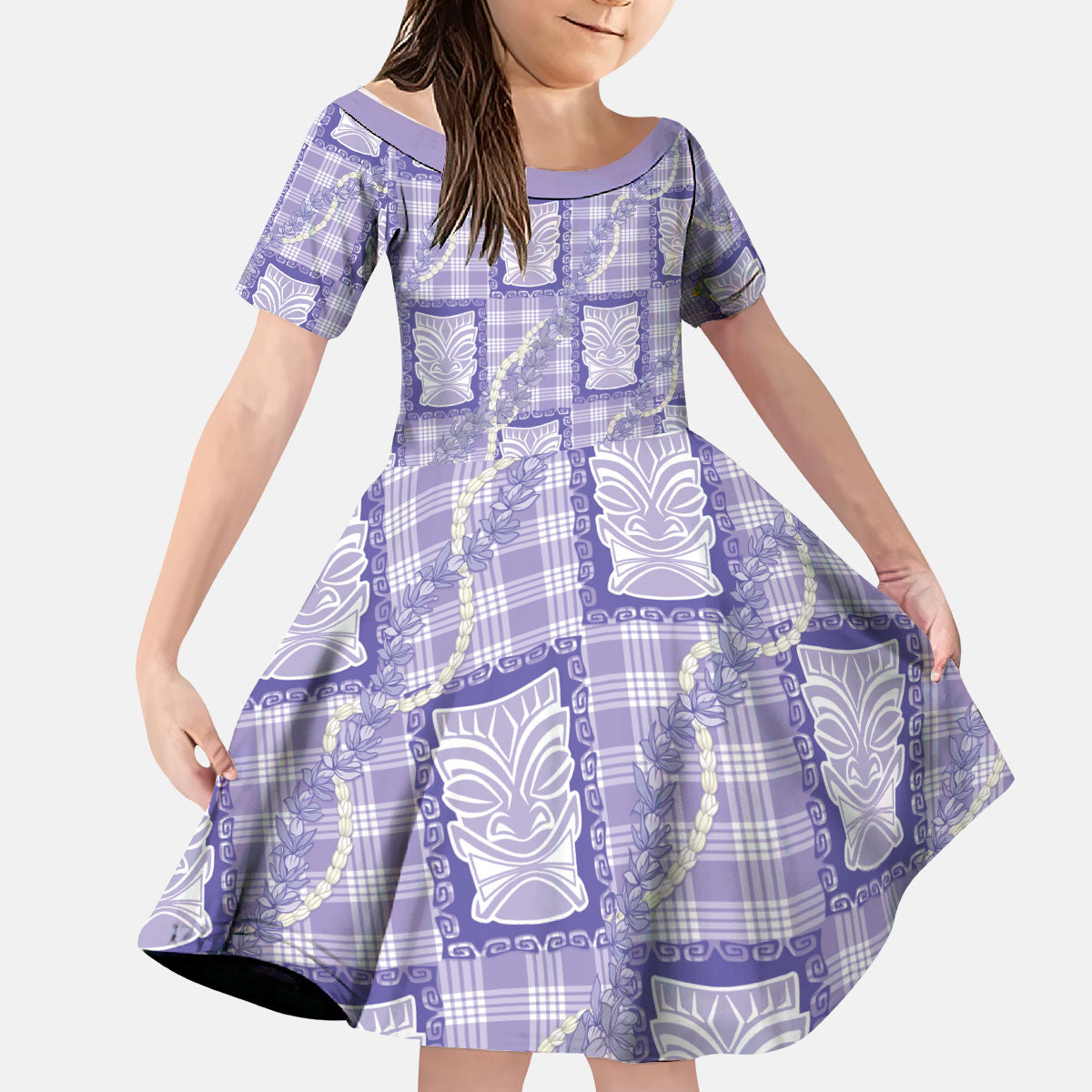 Aloha Hawaii Tiki Palaka Motifs Kid Short Sleeve Dress Honohono Lei Purple Elegant Vibes