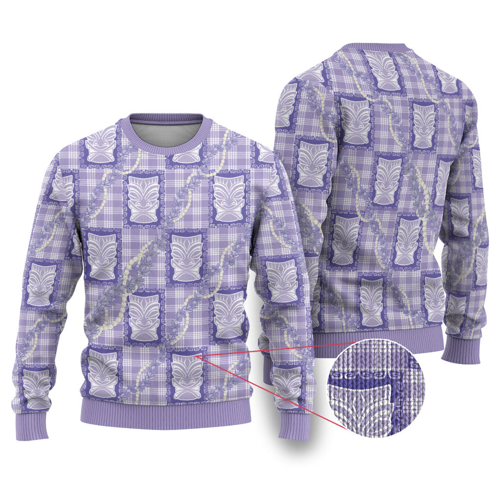 Aloha Hawaii Tiki Palaka Motifs Ugly Christmas Sweater Honohono Lei Purple Elegant Vibes