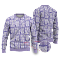 Aloha Hawaii Tiki Palaka Motifs Ugly Christmas Sweater Honohono Lei Purple Elegant Vibes