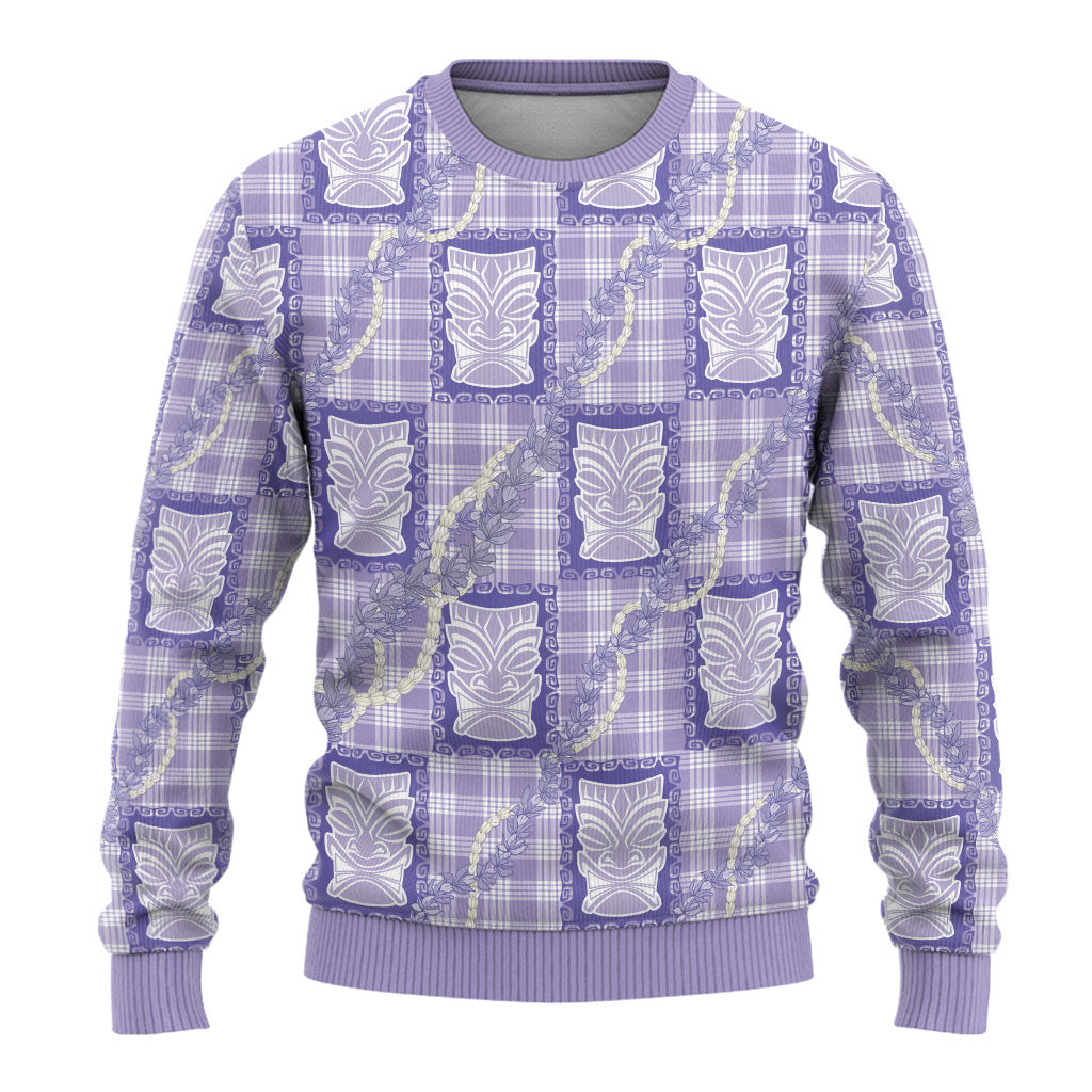 Aloha Hawaii Tiki Palaka Motifs Ugly Christmas Sweater Honohono Lei Purple Elegant Vibes