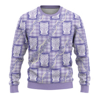 Aloha Hawaii Tiki Palaka Motifs Ugly Christmas Sweater Honohono Lei Purple Elegant Vibes