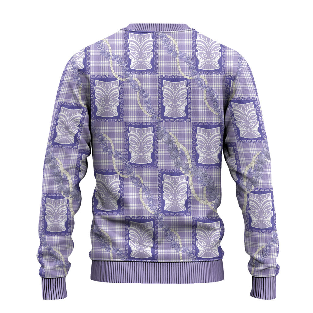 Aloha Hawaii Tiki Palaka Motifs Ugly Christmas Sweater Honohono Lei Purple Elegant Vibes