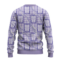 Aloha Hawaii Tiki Palaka Motifs Ugly Christmas Sweater Honohono Lei Purple Elegant Vibes