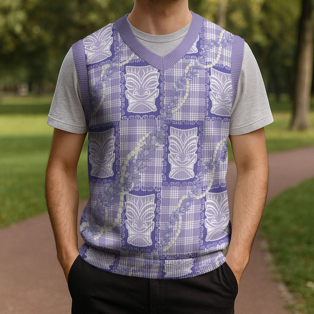 Aloha Hawaii Tiki Palaka Motifs Christmas Knitted V-Neck Vest Honohono Lei Purple Elegant Vibes