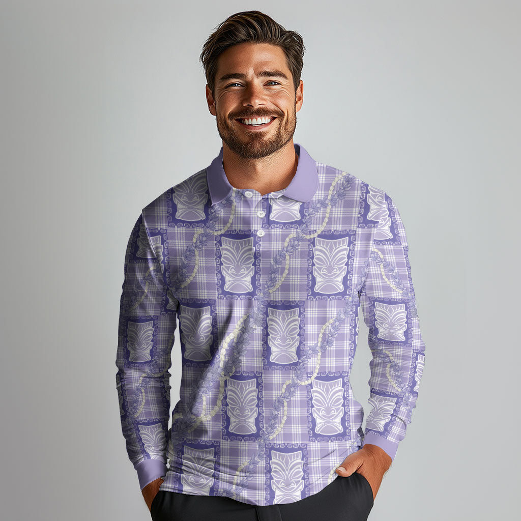 Aloha Hawaii Tiki Palaka Motifs Long Sleeve Polo Shirt Honohono Lei Purple Elegant Vibes LT14 - Polynesian Pride