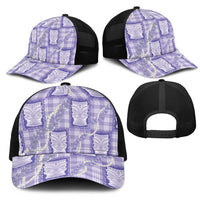 Aloha Hawaii Tiki Palaka Motifs Mesh Trucker Cap Honohono Lei Purple Elegant Vibes