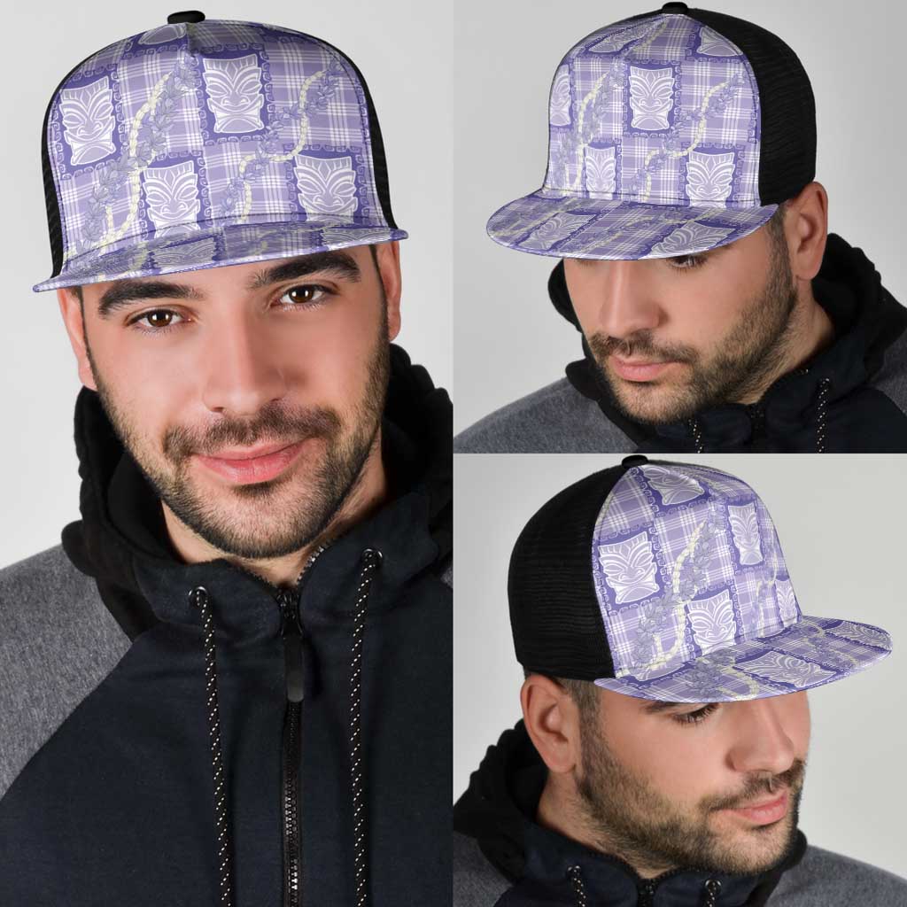 Aloha Hawaii Tiki Palaka Motifs Mesh Trucker Cap Honohono Lei Purple Elegant Vibes