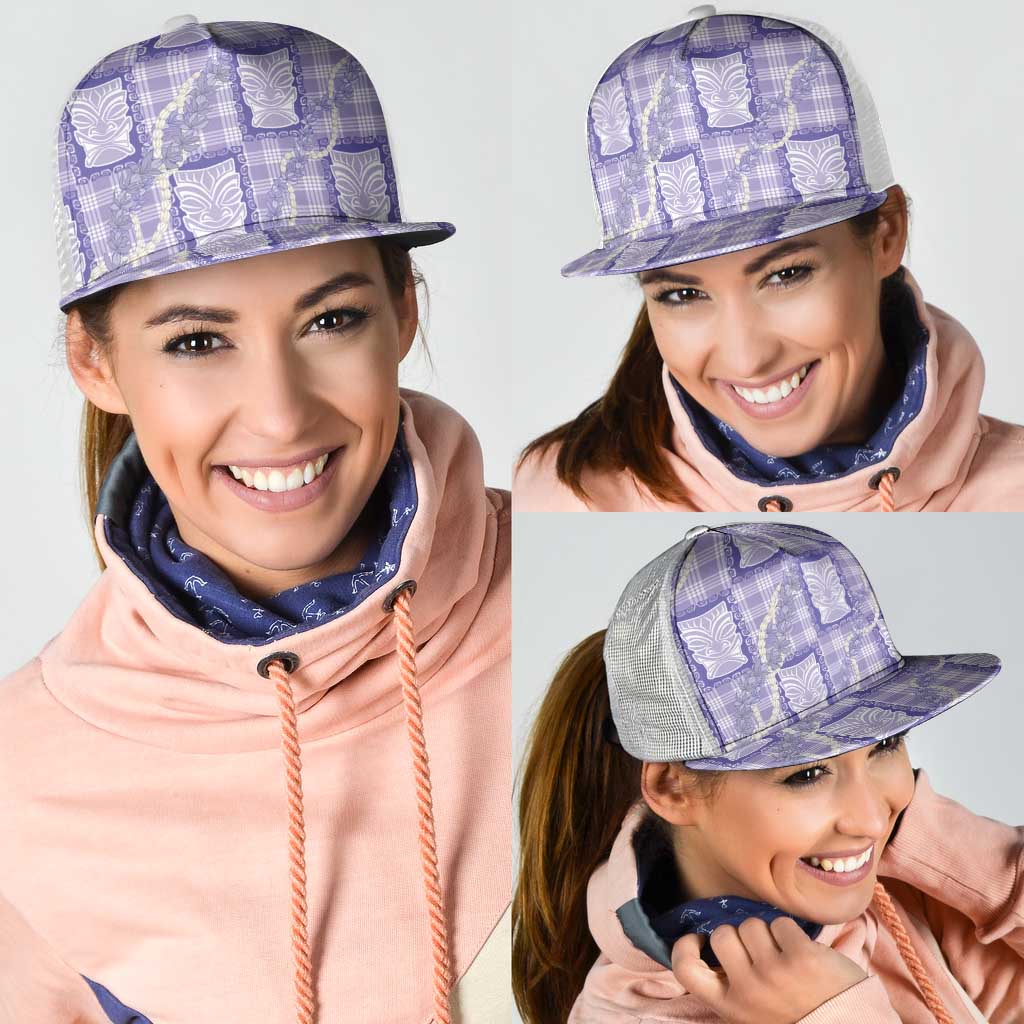 Aloha Hawaii Tiki Palaka Motifs Mesh Trucker Cap Honohono Lei Purple Elegant Vibes