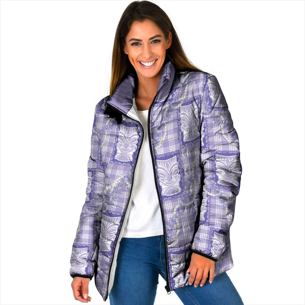 Aloha Hawaii Tiki Palaka Motifs Padded Jacket Honohono Lei Purple Elegant Vibes