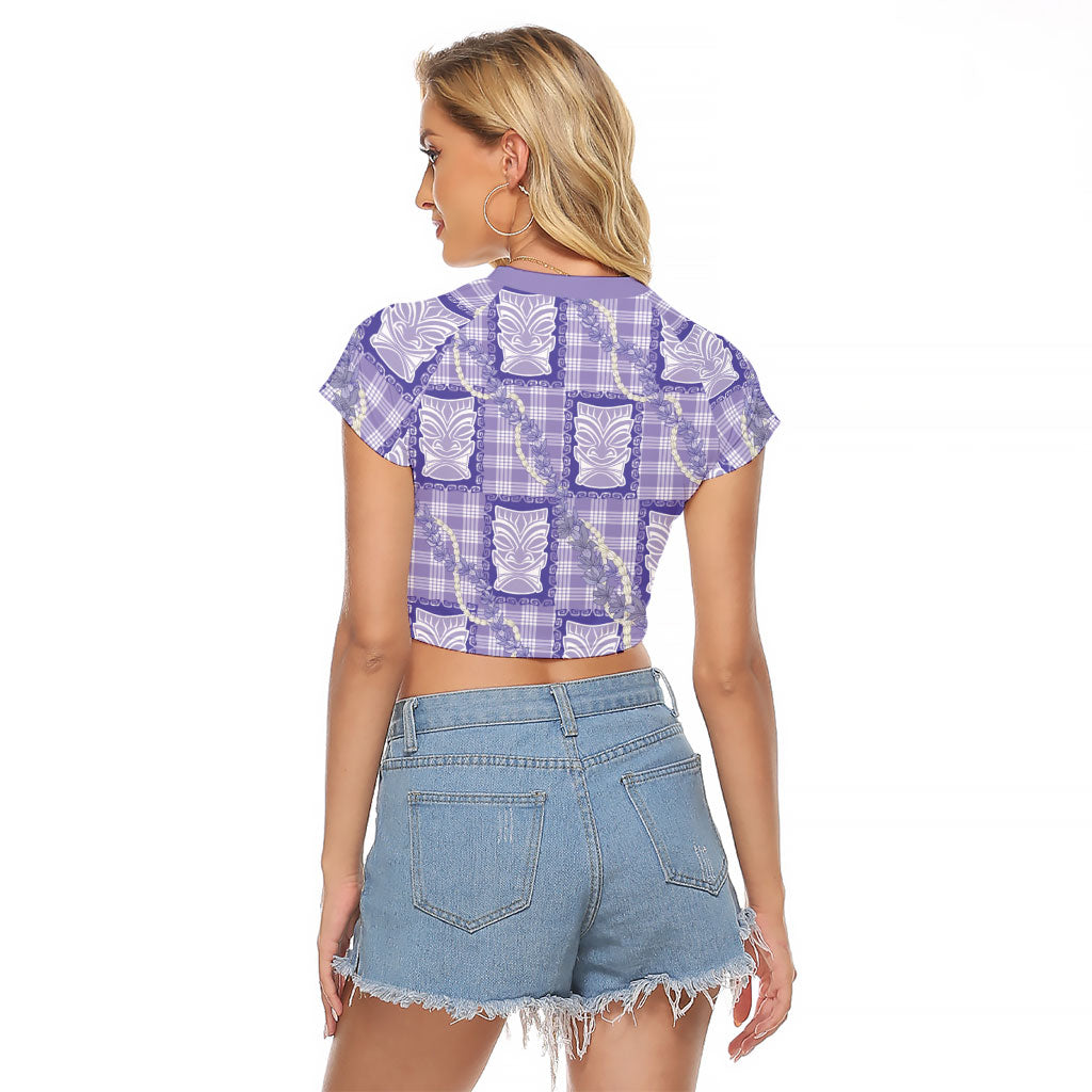 Aloha Hawaii Tiki Palaka Motifs Raglan Cropped T Shirt Honohono Lei Purple Elegant Vibes LT14 - Polynesian Pride