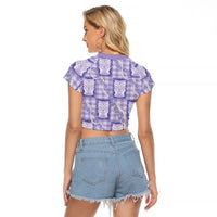 Aloha Hawaii Tiki Palaka Motifs Raglan Cropped T Shirt Honohono Lei Purple Elegant Vibes LT14 - Polynesian Pride