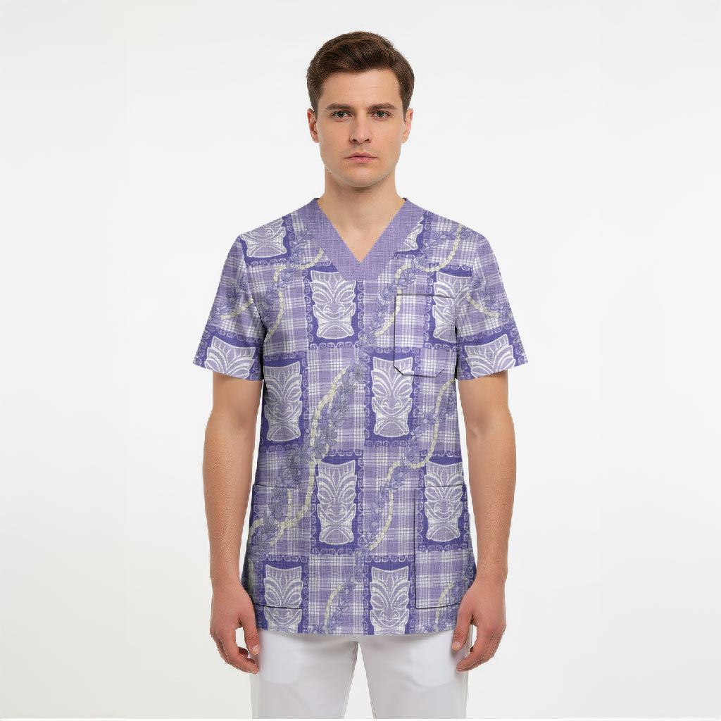 Aloha Hawaii Tiki Palaka Motifs Scrub Top Honohono Lei Purple Elegant Vibes