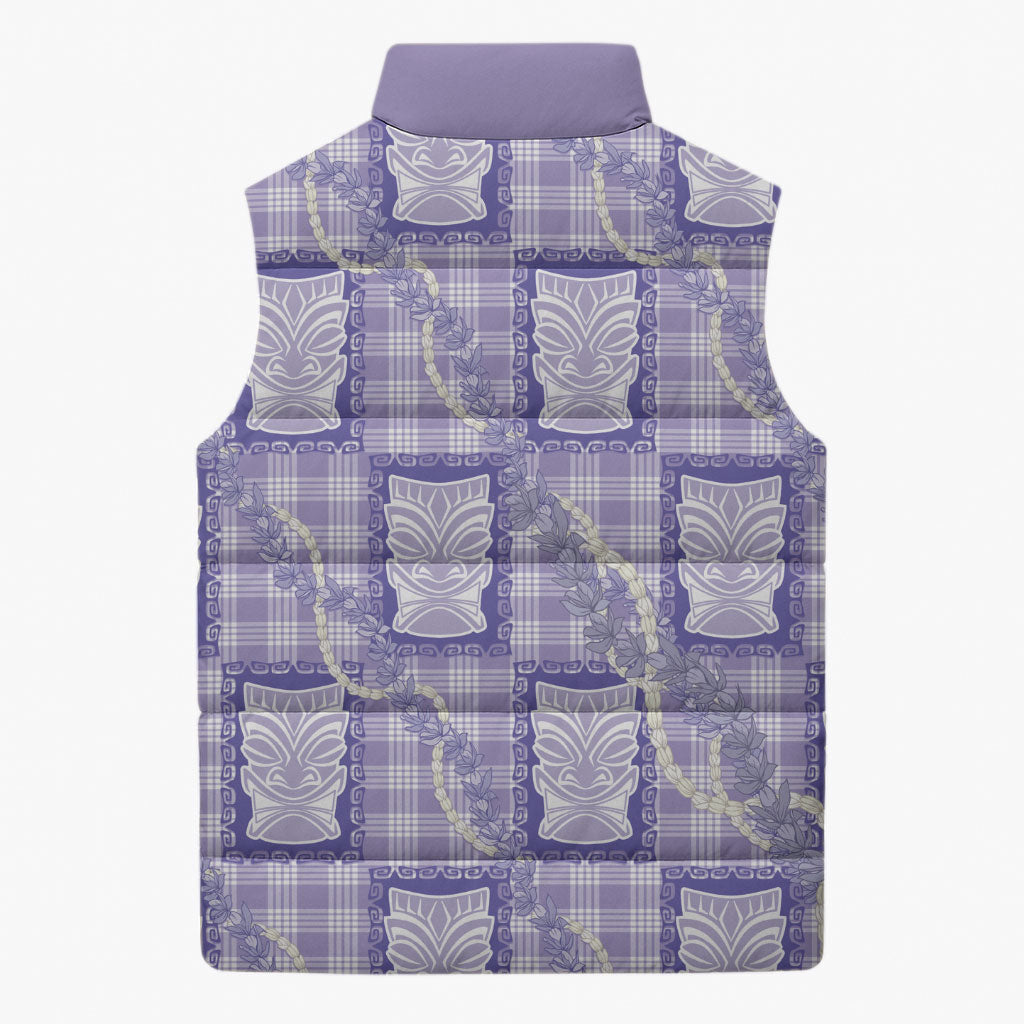 Aloha Hawaii Tiki Palaka Motifs Sleeveless Puffer Jacket Honohono Lei Purple Elegant Vibes