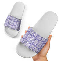 Aloha Hawaii Tiki Palaka Motifs Slide Sandals Honohono Lei Purple Elegant Vibes