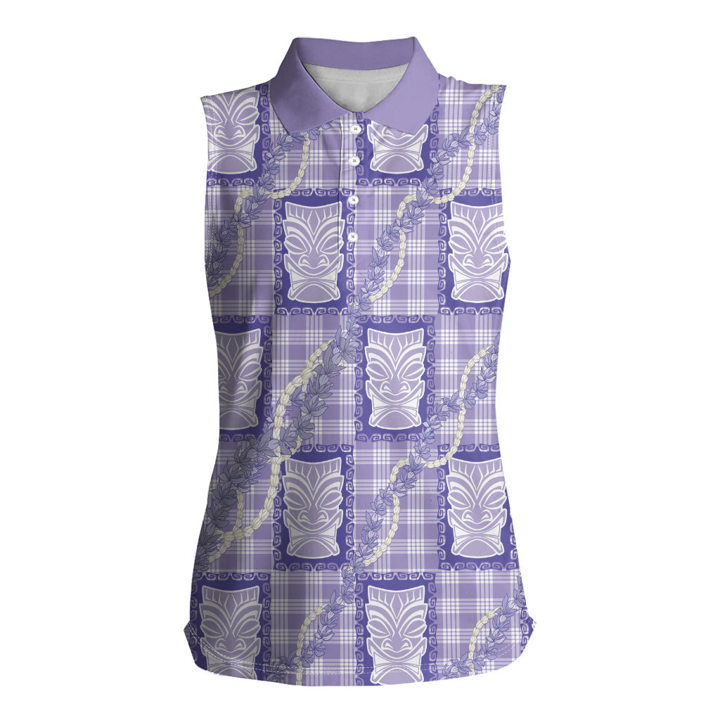 Aloha Hawaii Tiki Palaka Motifs Women Sleeveless Polo Shirt Honohono Lei Purple Elegant Vibes LT14 Female Purple - Polynesian Pride