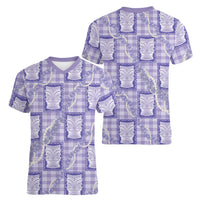 Aloha Hawaii Tiki Palaka Motifs Women V-Neck T-Shirt Honohono Lei Purple Elegant Vibes LT14 - Polynesian Pride
