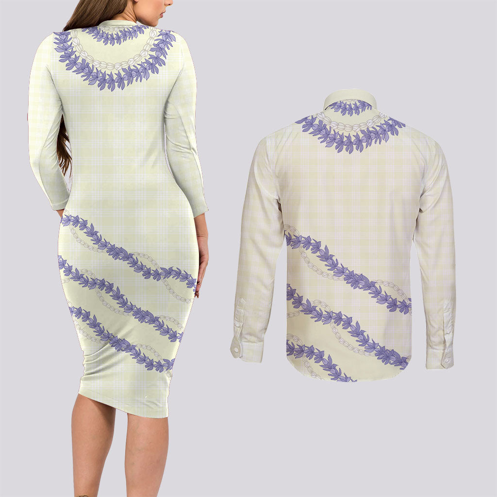 Hawaii Honohono Palaka Motifs Couples Matching Long Sleeve Bodycon Dress and Long Sleeve Button Shirt Hawaiian Orchid Lei LT14 - Polynesian Pride