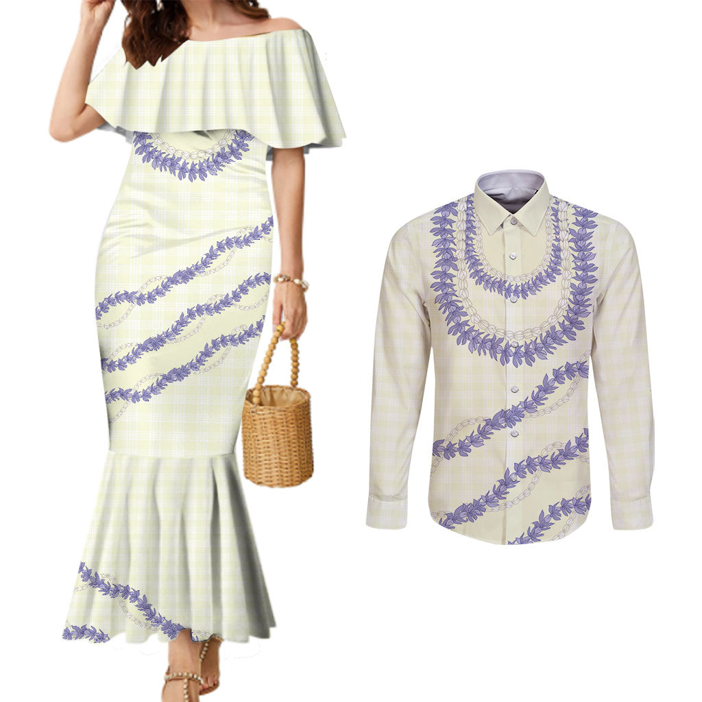 Hawaii Honohono Palaka Motifs Couples Matching Mermaid Dress and Long Sleeve Button Shirt Hawaiian Orchid Lei
