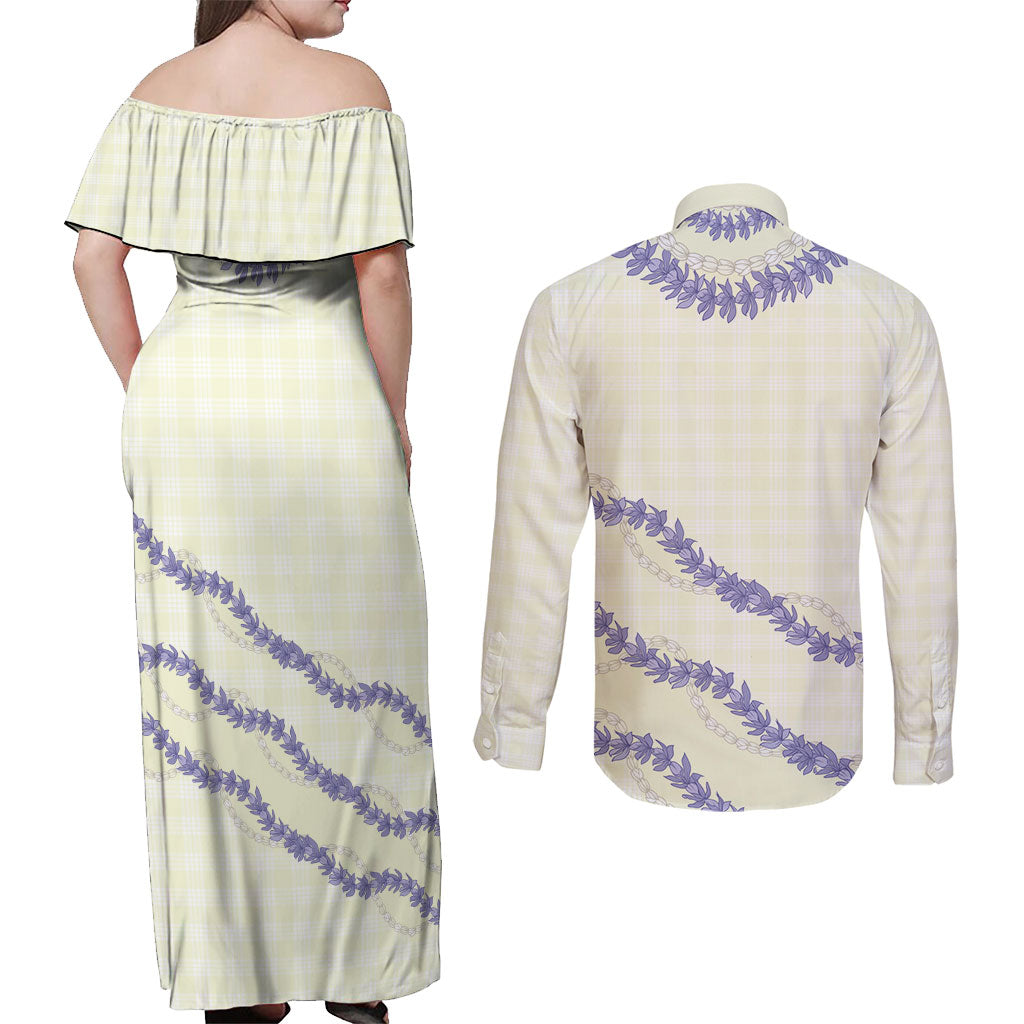 Hawaii Honohono Palaka Motifs Couples Matching Off Shoulder Maxi Dress and Long Sleeve Button Shirt Hawaiian Orchid Lei LT14 - Polynesian Pride