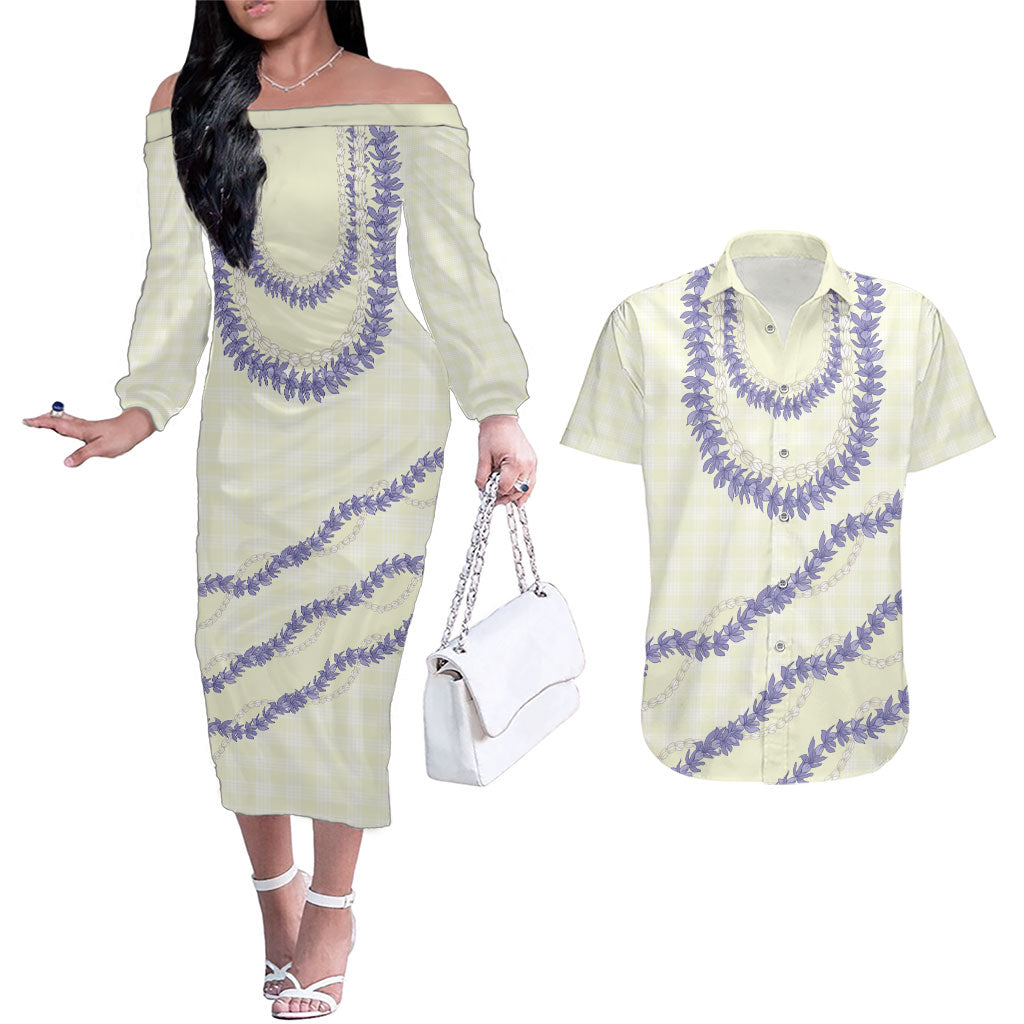 Hawaii Honohono Palaka Motifs Couples Matching Off The Shoulder Long Sleeve Dress and Hawaiian Shirt Hawaiian Orchid Lei