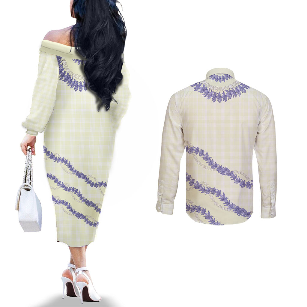 Hawaii Honohono Palaka Motifs Couples Matching Off The Shoulder Long Sleeve Dress and Long Sleeve Button Shirt Hawaiian Orchid Lei LT14 - Polynesian Pride