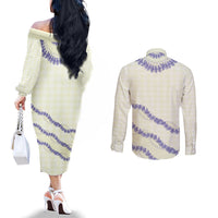 Hawaii Honohono Palaka Motifs Couples Matching Off The Shoulder Long Sleeve Dress and Long Sleeve Button Shirt Hawaiian Orchid Lei LT14 - Polynesian Pride