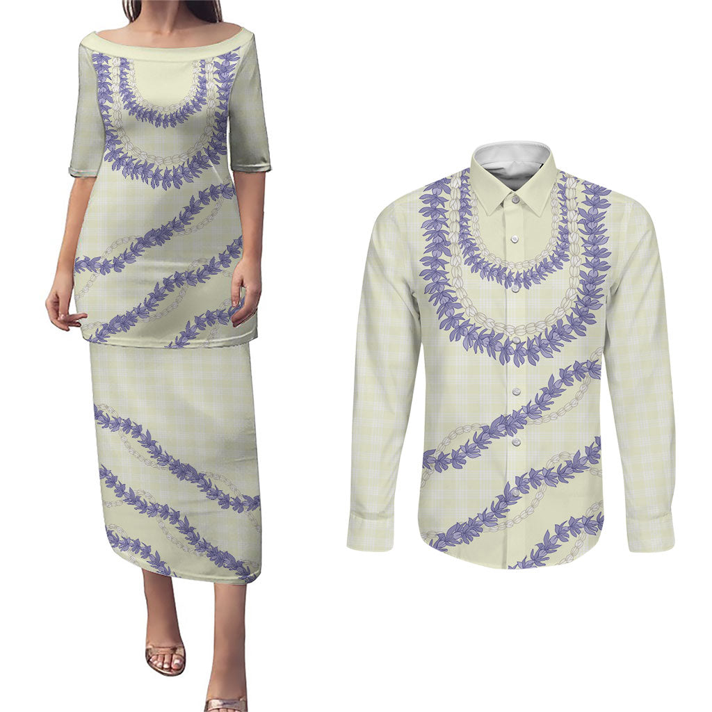 Hawaii Honohono Palaka Motifs Couples Matching Puletasi and Long Sleeve Button Shirt Hawaiian Orchid Lei