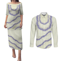 Hawaii Honohono Palaka Motifs Couples Matching Puletasi and Long Sleeve Button Shirt Hawaiian Orchid Lei