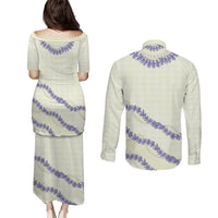 Hawaii Honohono Palaka Motifs Couples Matching Puletasi and Long Sleeve Button Shirt Hawaiian Orchid Lei