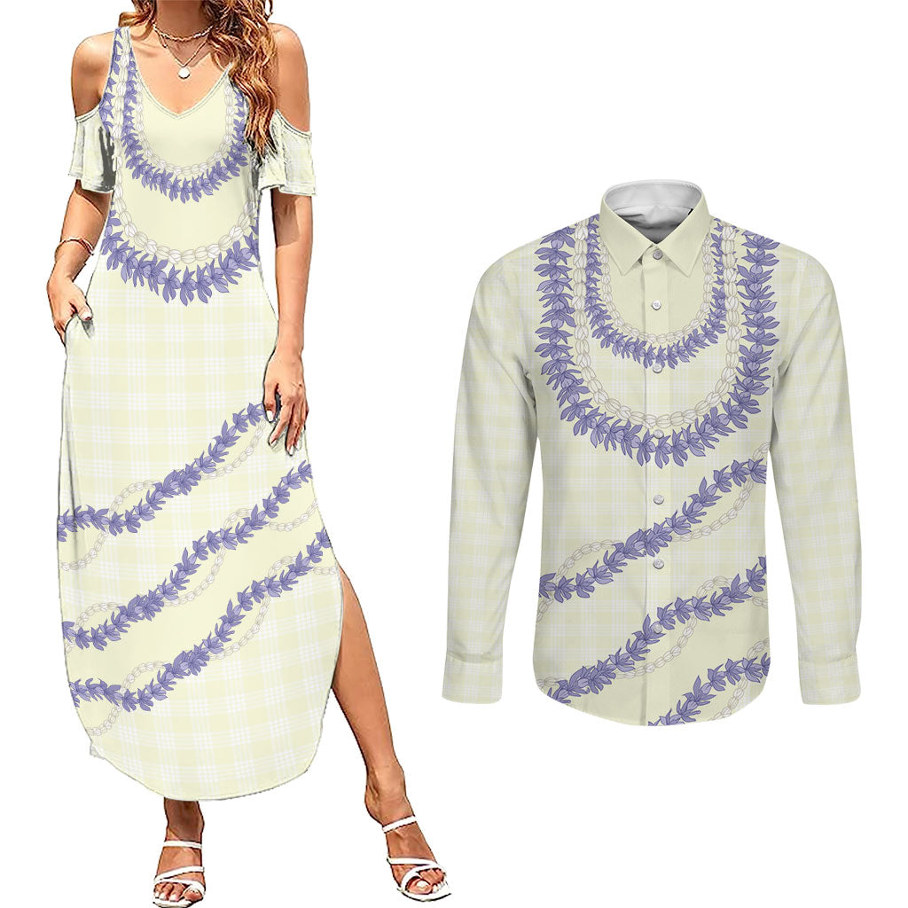 Hawaii Honohono Palaka Motifs Couples Matching Summer Maxi Dress and Long Sleeve Button Shirt Hawaiian Orchid Lei LT14 Cream - Polynesian Pride