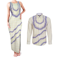 Hawaii Honohono Palaka Motifs Couples Matching Tank Maxi Dress and Long Sleeve Button Shirt Hawaiian Orchid Lei LT14 Cream - Polynesian Pride