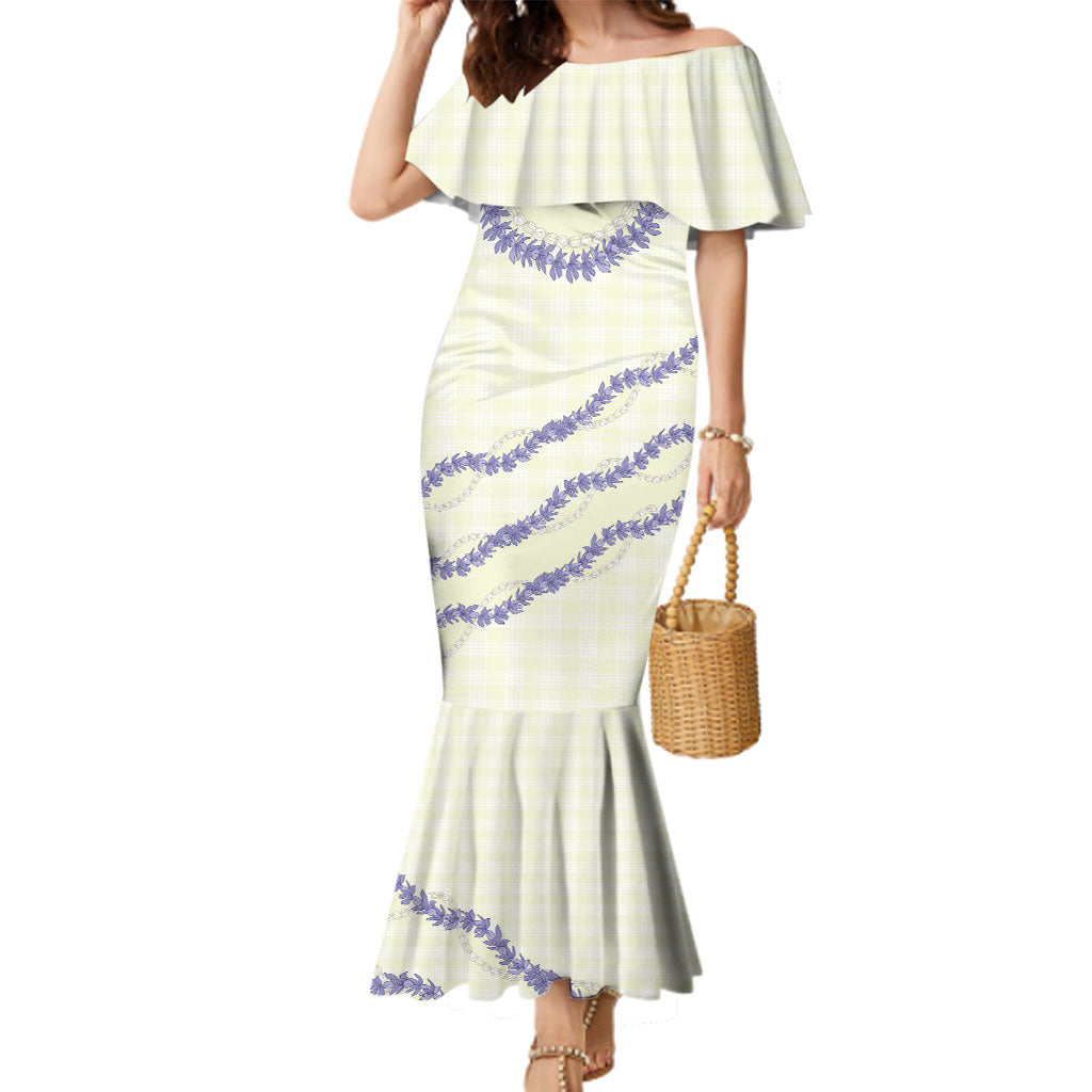 Hawaii Honohono Palaka Motifs Family Matching Mermaid Dress and Hawaiian Shirt Hawaiian Orchid Lei LT14 Mom's Dress Cream - Polynesian Pride