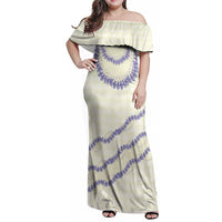 Hawaii Honohono Palaka Motifs Family Matching Off Shoulder Maxi Dress and Hawaiian Shirt Hawaiian Orchid Lei LT14 Mom's Dress Cream - Polynesian Pride
