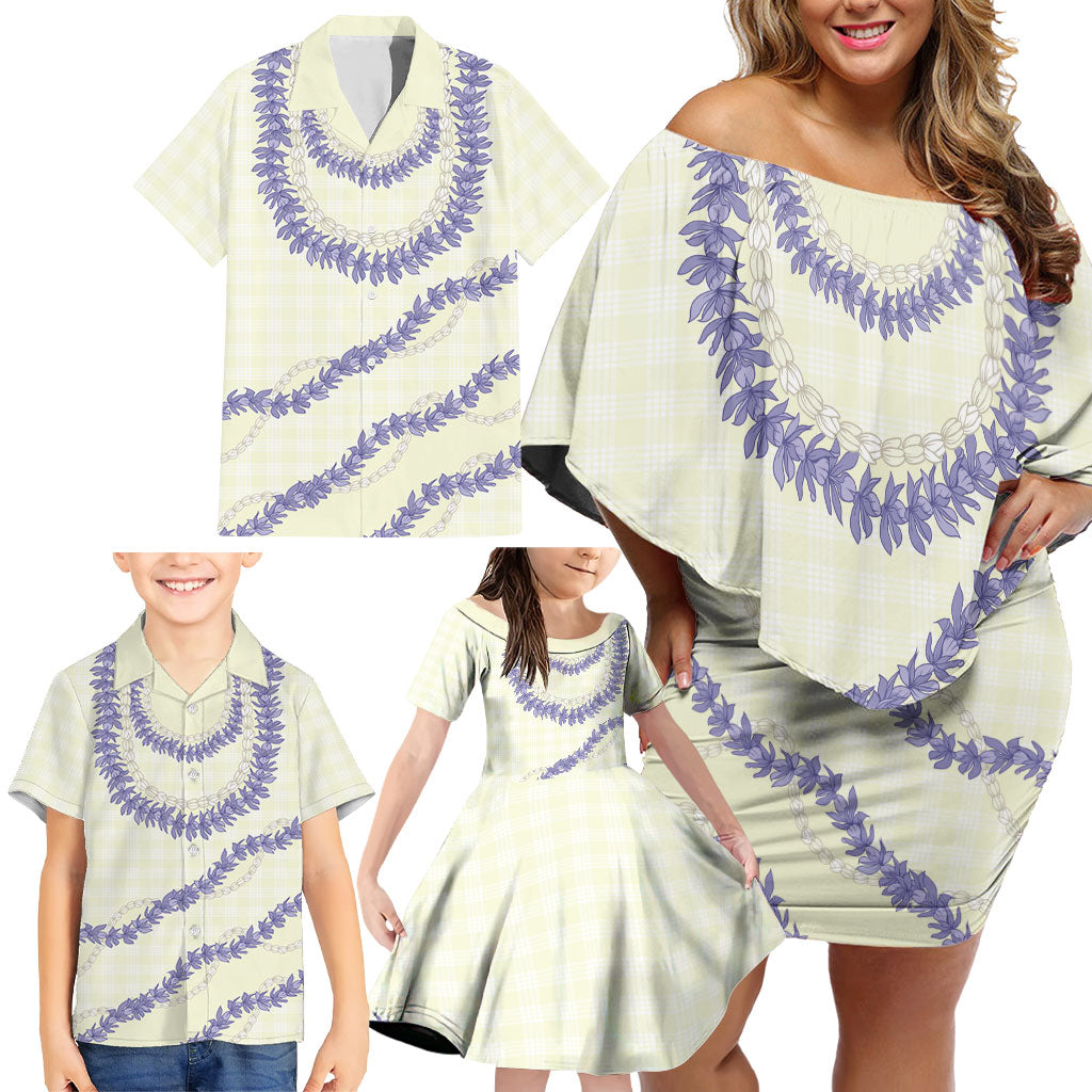 Hawaii Honohono Palaka Motifs Family Matching Off Shoulder Short Dress and Hawaiian Shirt Hawaiian Orchid Lei