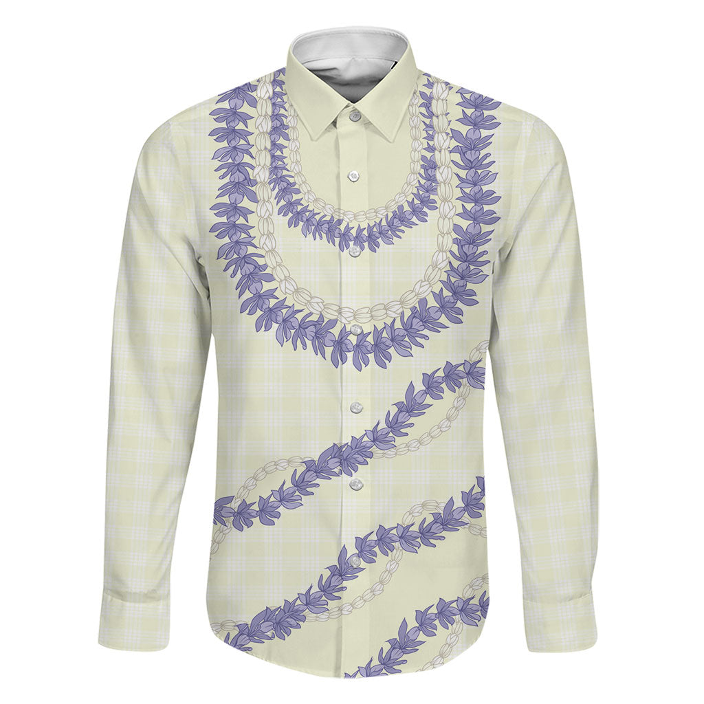 Hawaii Honohono Palaka Motifs Family Matching Off Shoulder Short Dress and Hawaiian Shirt Hawaiian Orchid Lei LT14 Dad's Shirt - Long Sleeve Cream - Polynesian Pride