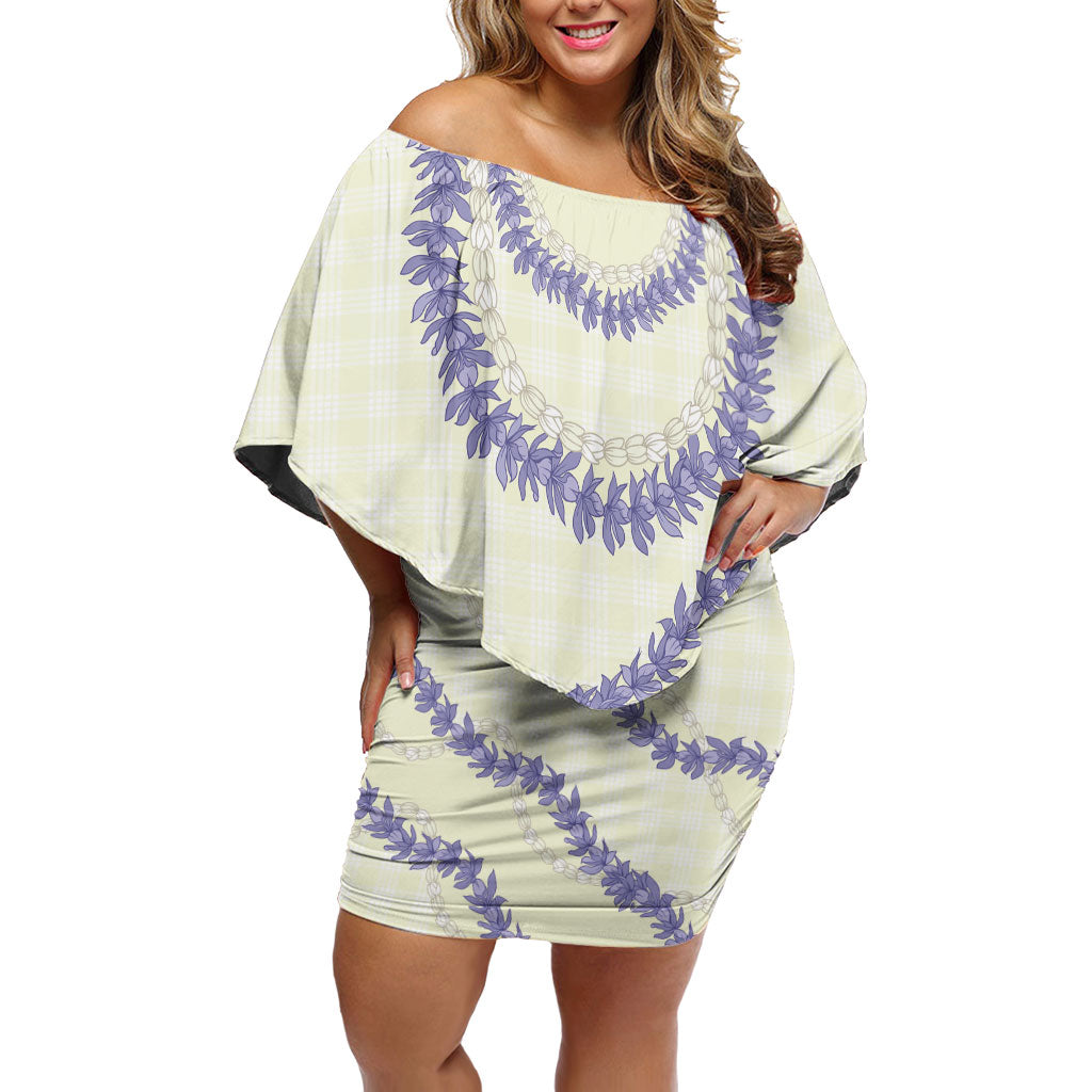 Hawaii Honohono Palaka Motifs Family Matching Off Shoulder Short Dress and Hawaiian Shirt Hawaiian Orchid Lei LT14 Mom's Dress Cream - Polynesian Pride