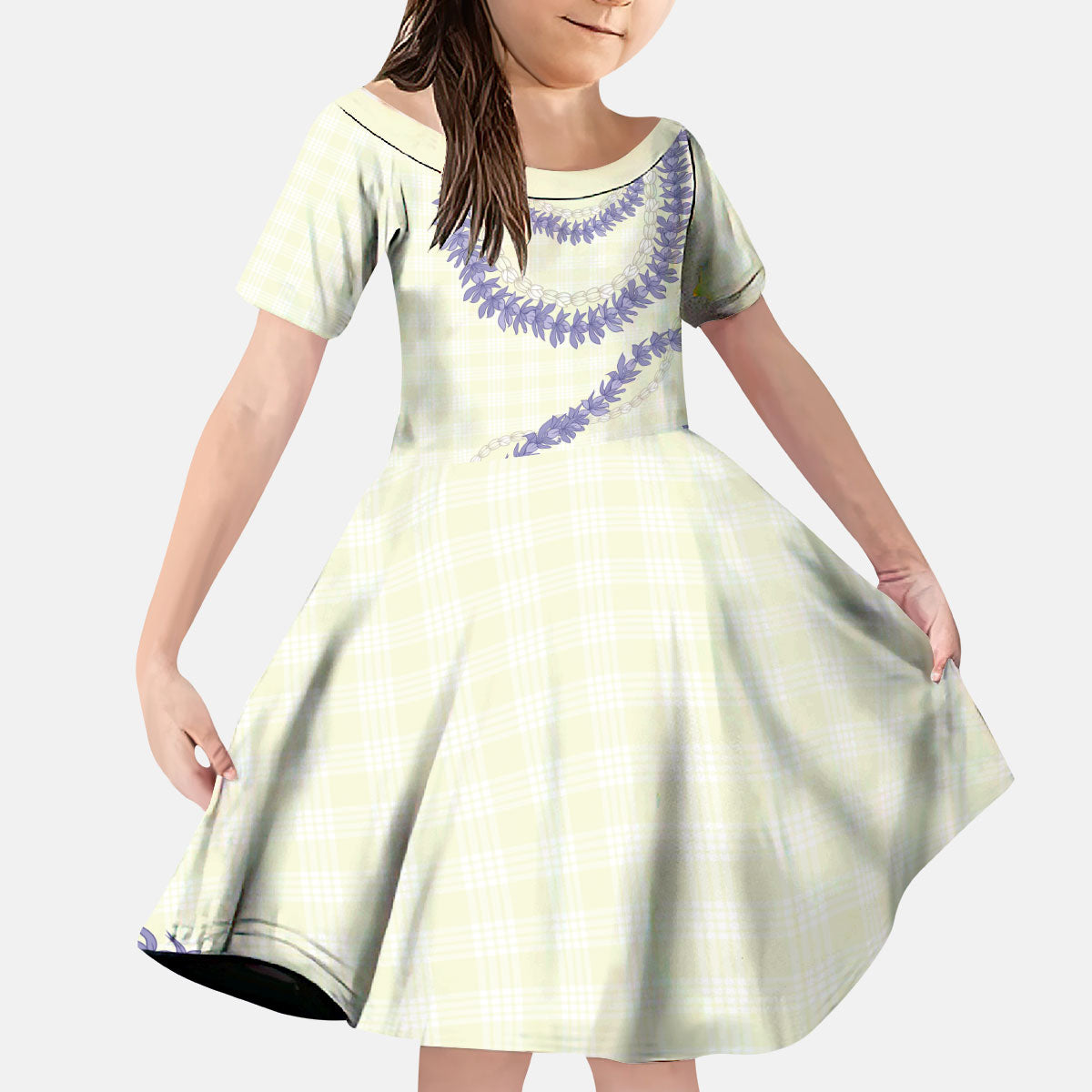 Hawaii Honohono Palaka Motifs Kid Short Sleeve Dress Hawaiian Orchid Lei