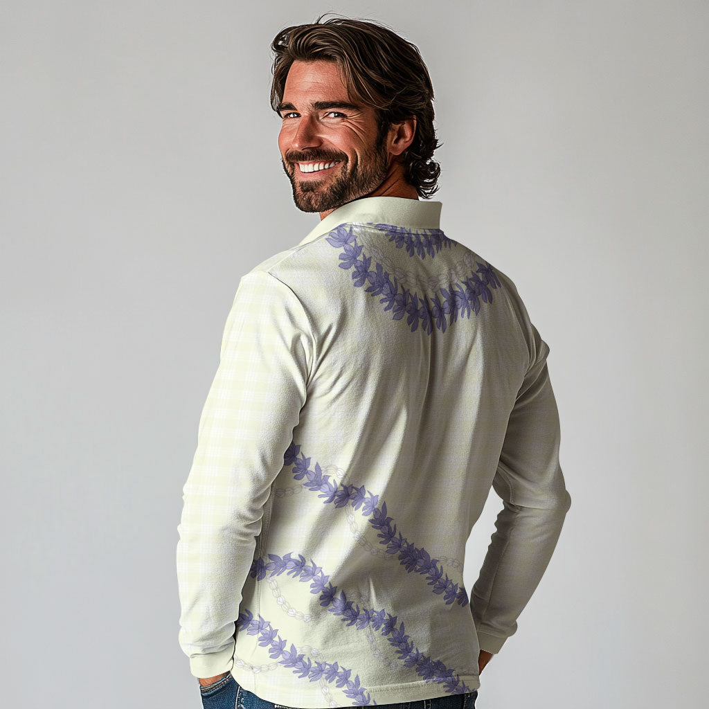 Hawaii Honohono Palaka Motifs Long Sleeve Polo Shirt Hawaiian Orchid Lei