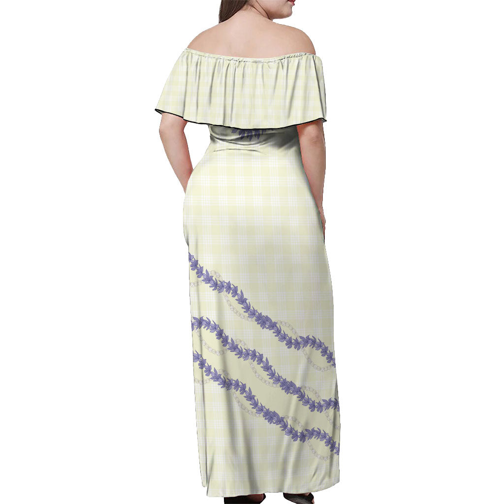 Hawaii Honohono Palaka Motifs Off Shoulder Maxi Dress Hawaiian Orchid Lei