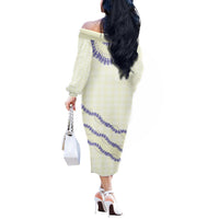 Hawaii Honohono Palaka Motifs Off The Shoulder Long Sleeve Dress Hawaiian Orchid Lei