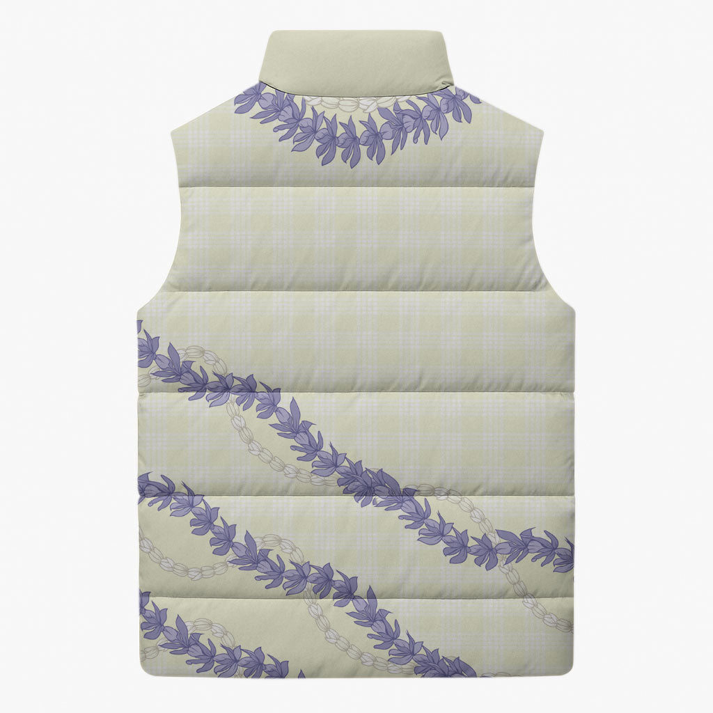 Hawaii Honohono Palaka Motifs Sleeveless Puffer Jacket Hawaiian Orchid Lei