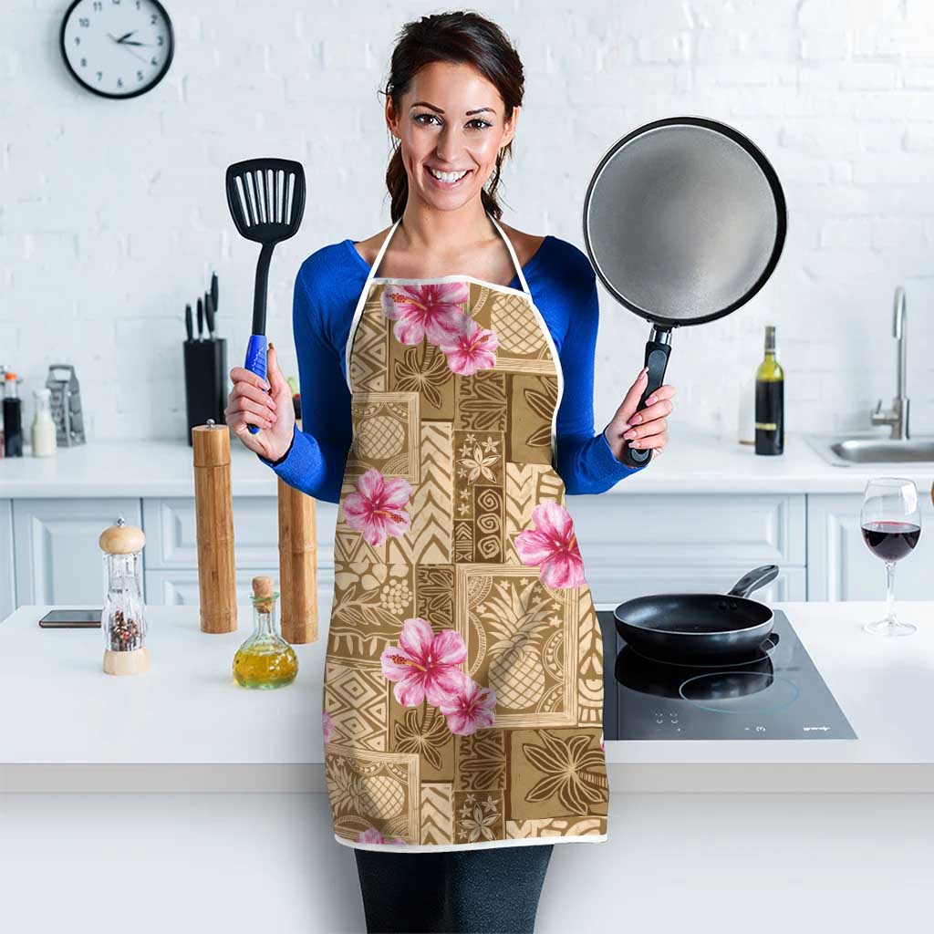 Beige Hawaii Hibiscus With Tropical Flowers Motifs Apron - Polynesian Pride